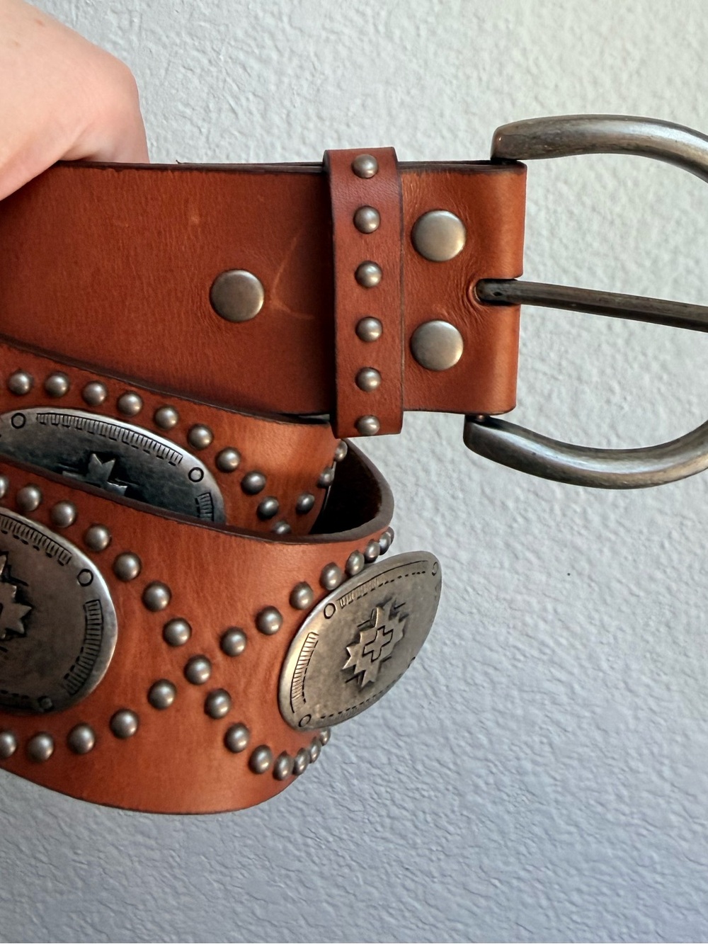 Aura Wrangler Leather Boho Brown Studded Leather Belt Concho Western Festival - Picture 3 of 12